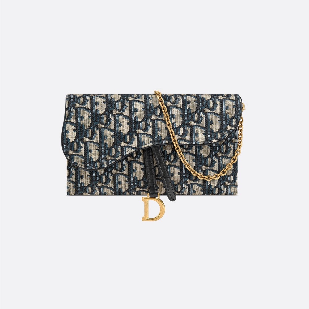 Blue Dior Oblique Jacquard - Small Saddle Pouch with Chain